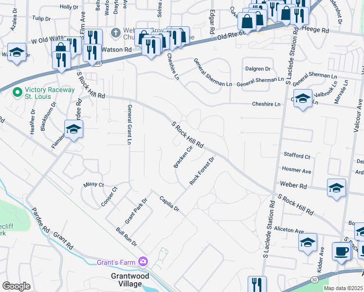 map of restaurants, bars, coffee shops, grocery stores, and more near 8820 Bracken Circle in St. Louis
