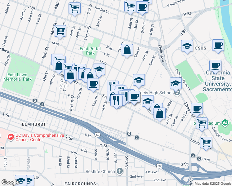 map of restaurants, bars, coffee shops, grocery stores, and more near 5525 Folsom Boulevard in Sacramento