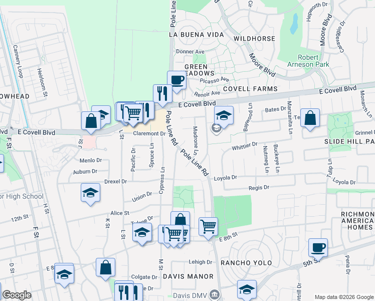 map of restaurants, bars, coffee shops, grocery stores, and more near 1505 Pole Line Road in Davis
