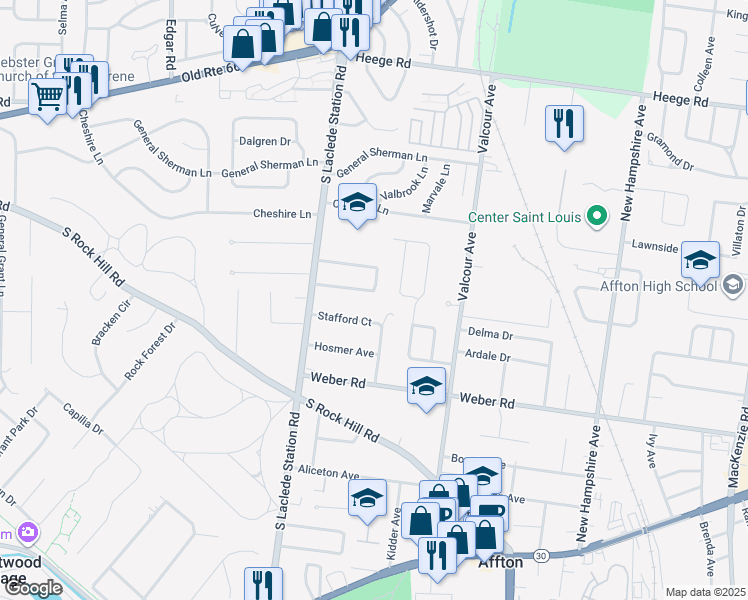 map of restaurants, bars, coffee shops, grocery stores, and more near 7113 Stafford Court in Affton