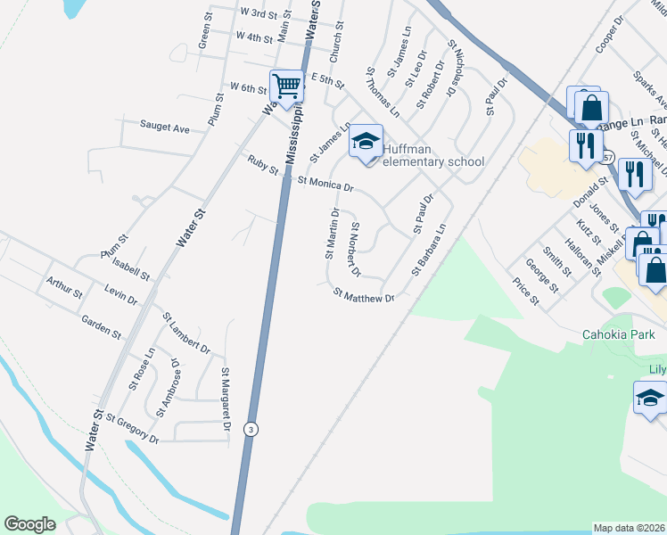 map of restaurants, bars, coffee shops, grocery stores, and more near 802 Saint Matthew Drive in Cahokia