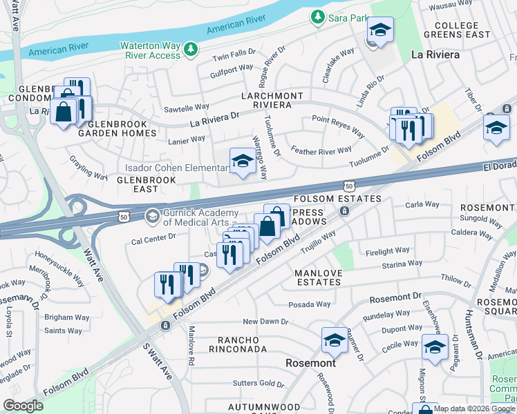 map of restaurants, bars, coffee shops, grocery stores, and more near 9058 Montoya Street in Sacramento