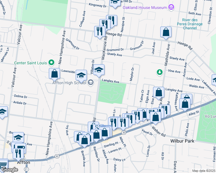 map of restaurants, bars, coffee shops, grocery stores, and more near 6224 Mackenzie Valley Court in Affton
