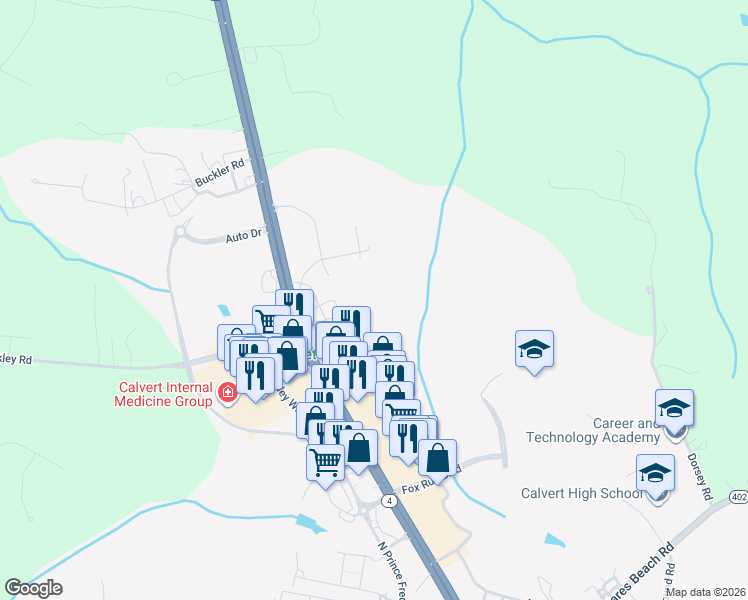 map of restaurants, bars, coffee shops, grocery stores, and more near 106 Hospital Road in Prince Frederick