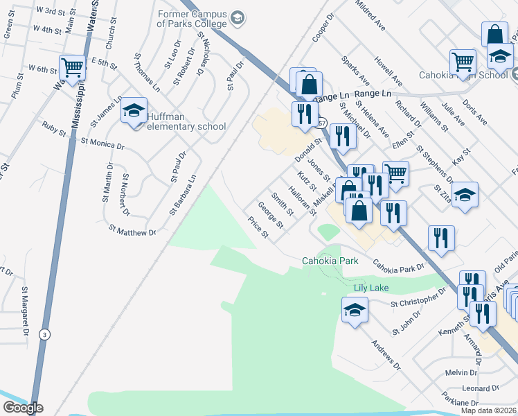 map of restaurants, bars, coffee shops, grocery stores, and more near 1155 Price Street in Cahokia