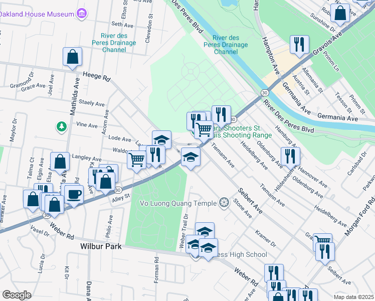 map of restaurants, bars, coffee shops, grocery stores, and more near 8214 Gravois Road in Affton