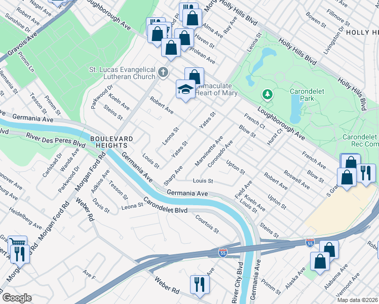 map of restaurants, bars, coffee shops, grocery stores, and more near 7366 Sharp Avenue in St. Louis