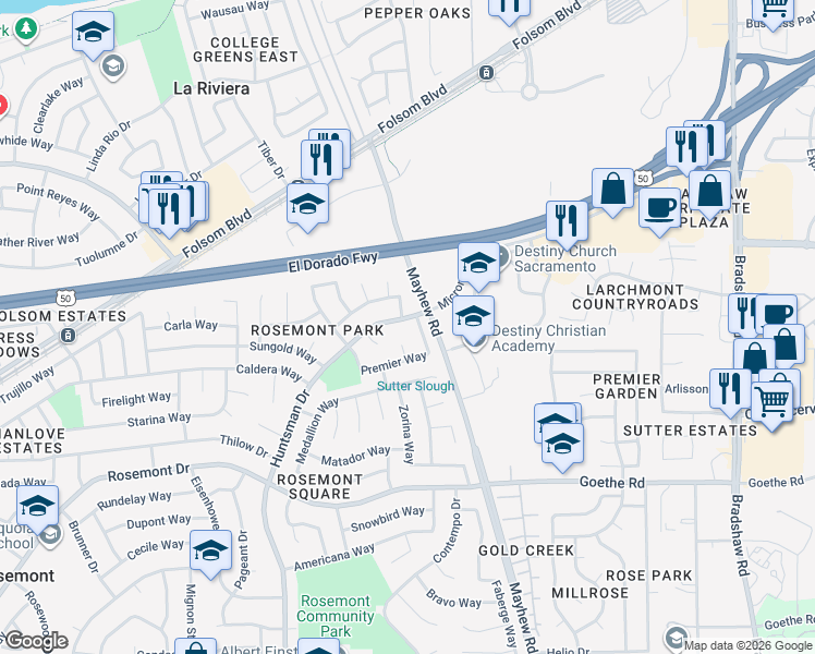 map of restaurants, bars, coffee shops, grocery stores, and more near 9391 Premier Way in Sacramento