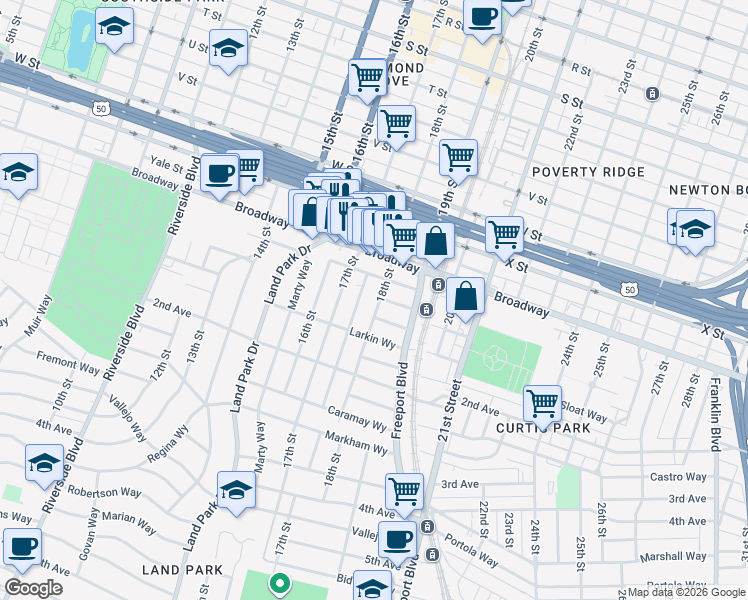 map of restaurants, bars, coffee shops, grocery stores, and more near 2621 Harkness Street in Sacramento