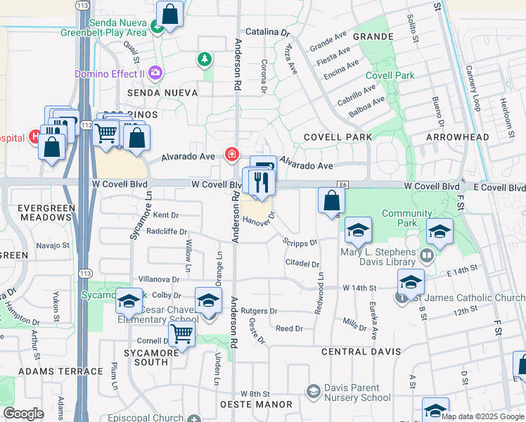 map of restaurants, bars, coffee shops, grocery stores, and more near 1801 Hanover Drive in Davis