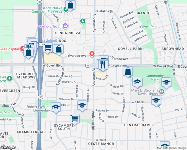 map of restaurants, bars, coffee shops, grocery stores, and more near 1740 Hanover Drive in Davis