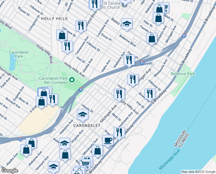 map of restaurants, bars, coffee shops, grocery stores, and more near 612 Holly Hills Avenue in St. Louis
