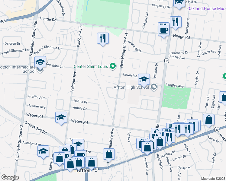 map of restaurants, bars, coffee shops, grocery stores, and more near 8449 New Hampshire Avenue in Affton