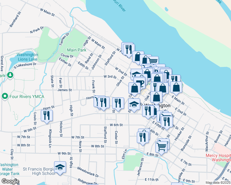 map of restaurants, bars, coffee shops, grocery stores, and more near 516 Horn Street in Washington