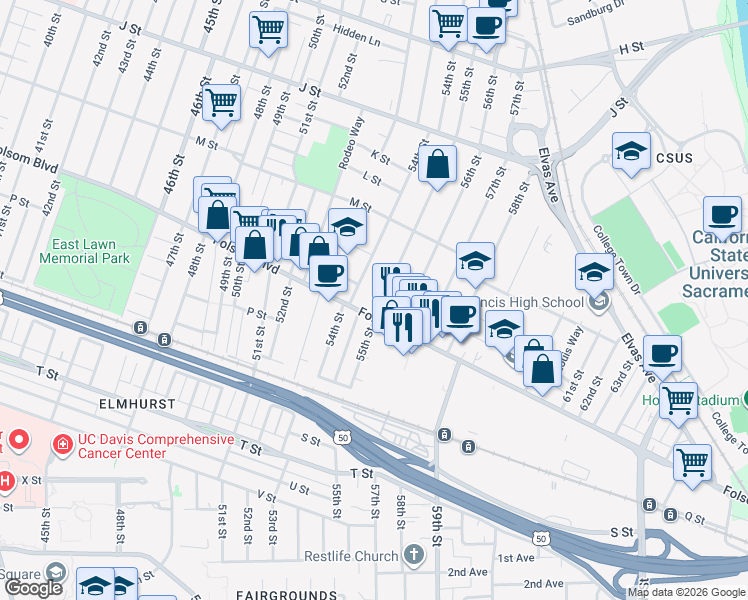 map of restaurants, bars, coffee shops, grocery stores, and more near 5412 Folsom Boulevard in Sacramento
