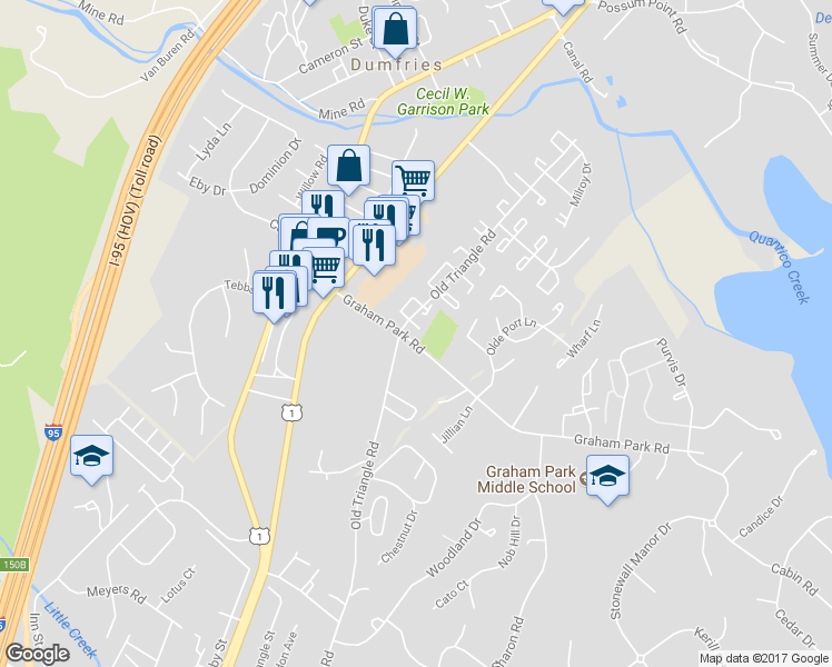 map of restaurants, bars, coffee shops, grocery stores, and more near 2610 Heth Court in Dumfries