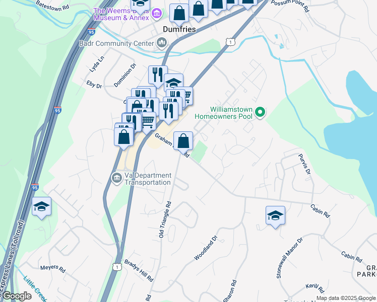 map of restaurants, bars, coffee shops, grocery stores, and more near 2610 Heth Court in Dumfries