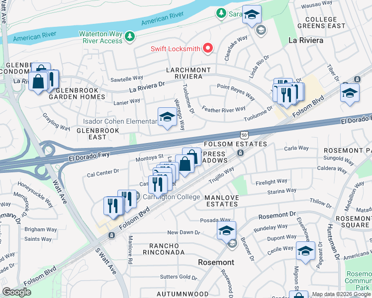 map of restaurants, bars, coffee shops, grocery stores, and more near 9058 Montoya Street in Sacramento
