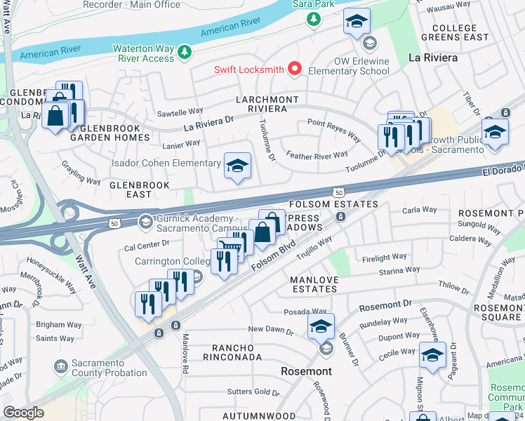map of restaurants, bars, coffee shops, grocery stores, and more near 9071 Montoya Street in Sacramento