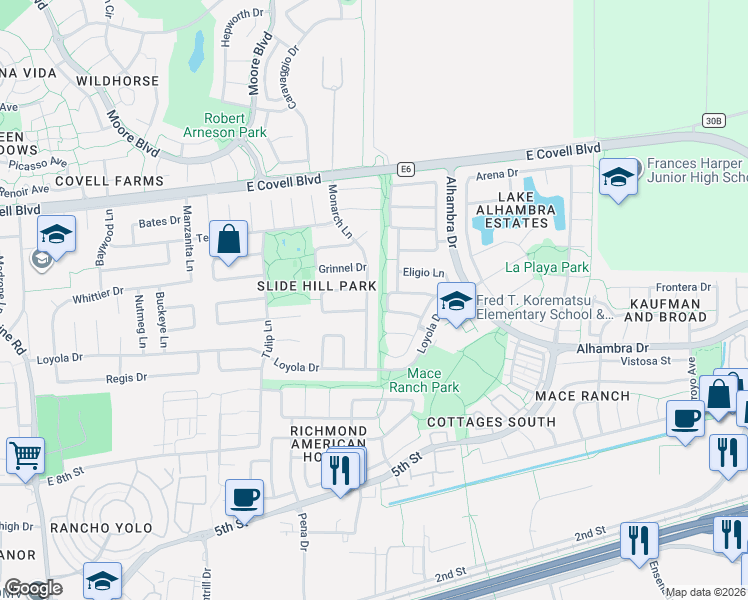 map of restaurants, bars, coffee shops, grocery stores, and more near 1362 Monarch Lane in Davis