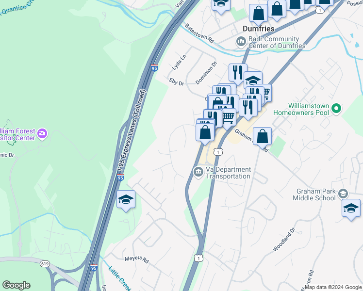 map of restaurants, bars, coffee shops, grocery stores, and more near 18104 Tompkins Court in Dumfries
