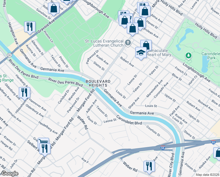 map of restaurants, bars, coffee shops, grocery stores, and more near 4101 Germania Street in St. Louis