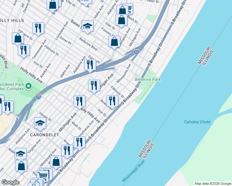 map of restaurants, bars, coffee shops, grocery stores, and more near 6018 Pennsylvania Avenue in St. Louis