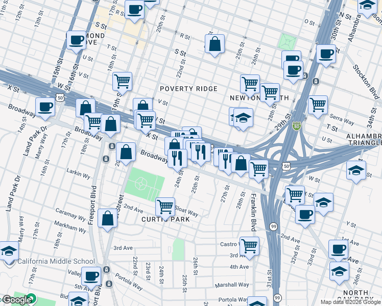 map of restaurants, bars, coffee shops, grocery stores, and more near 2414 25th Street in Sacramento