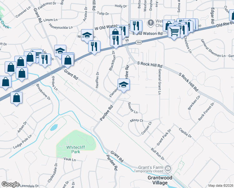 map of restaurants, bars, coffee shops, grocery stores, and more near 7924 Sunray Lane in St. Louis