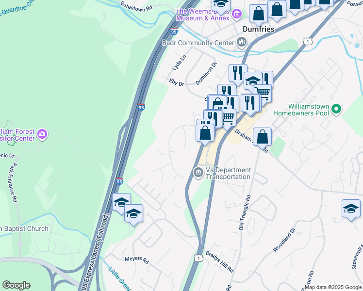 map of restaurants, bars, coffee shops, grocery stores, and more near 18104 Tompkins Court in Dumfries