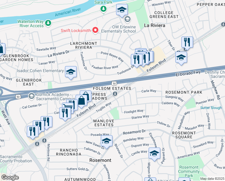 map of restaurants, bars, coffee shops, grocery stores, and more near in Rosemont