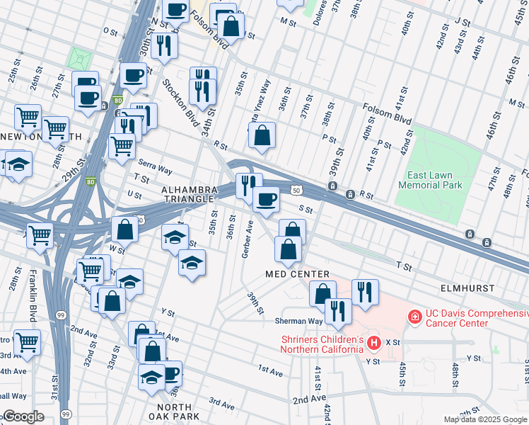 map of restaurants, bars, coffee shops, grocery stores, and more near 2039 Gerber Avenue in Sacramento