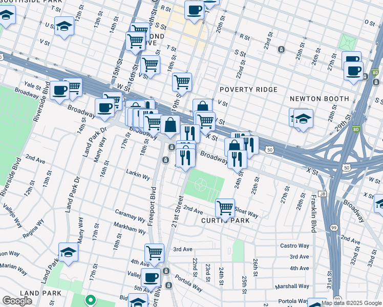 map of restaurants, bars, coffee shops, grocery stores, and more near 2556 21st Street in Sacramento