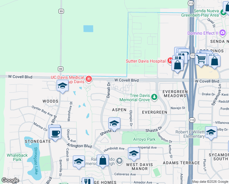 map of restaurants, bars, coffee shops, grocery stores, and more near 2232 Isle Royale Lane in Davis