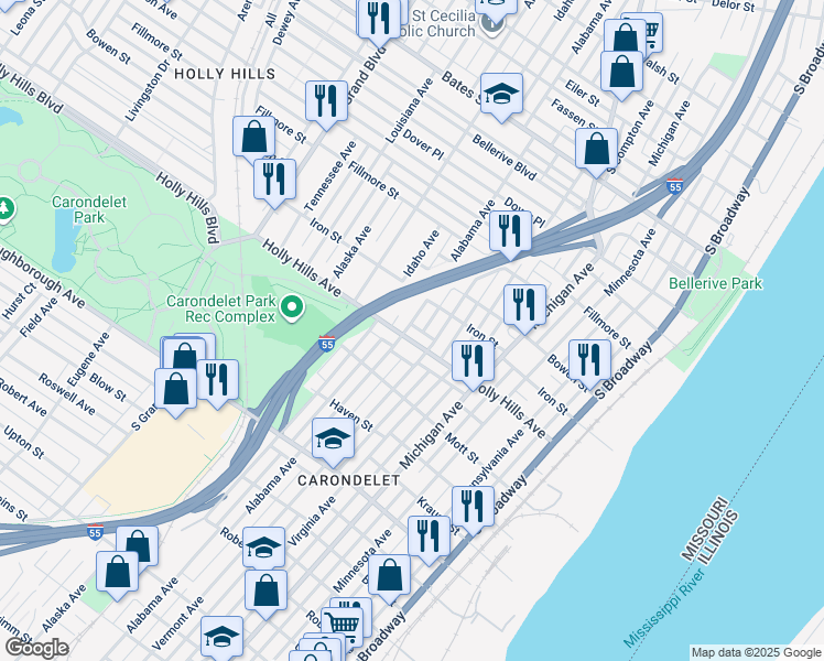 map of restaurants, bars, coffee shops, grocery stores, and more near 612 Holly Hills Avenue in St. Louis