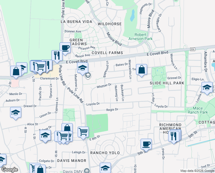 map of restaurants, bars, coffee shops, grocery stores, and more near 1427 Banyan Place in Davis