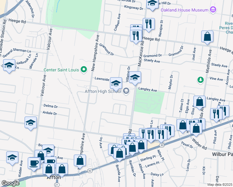 map of restaurants, bars, coffee shops, grocery stores, and more near 8309 Mackenzie Road in Saint Louis