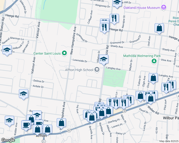 map of restaurants, bars, coffee shops, grocery stores, and more near 8309 Mackenzie Road in Saint Louis