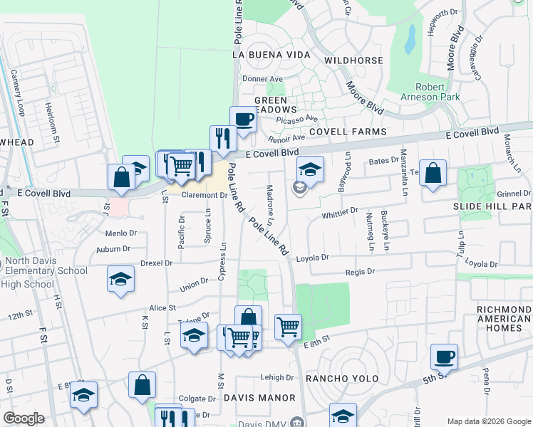 map of restaurants, bars, coffee shops, grocery stores, and more near 1505 Pole Line Road in Davis