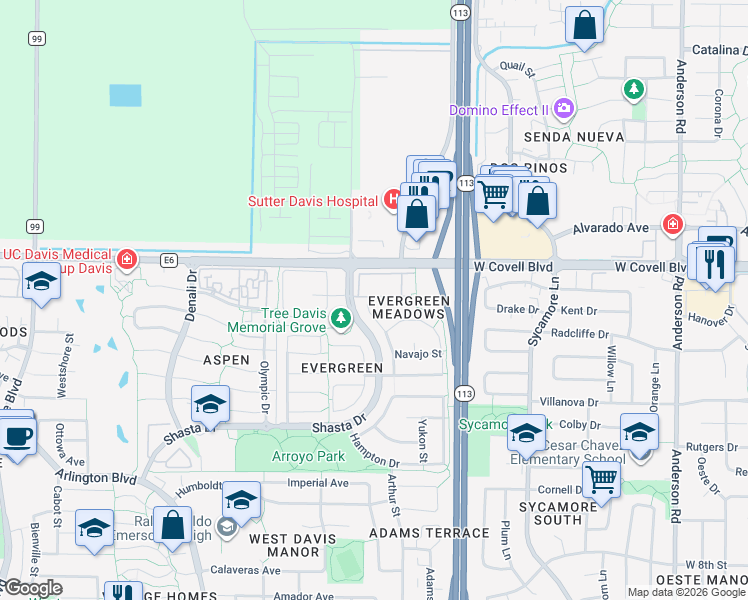 map of restaurants, bars, coffee shops, grocery stores, and more near 1712 Portola Court in Davis