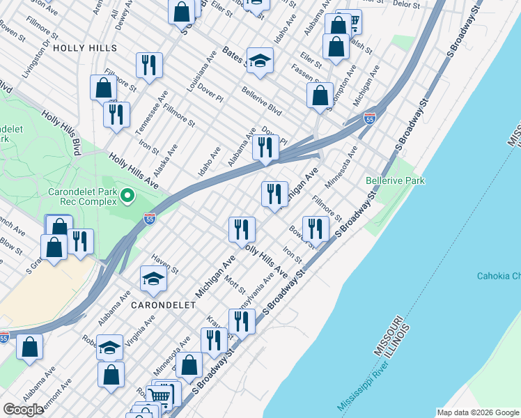 map of restaurants, bars, coffee shops, grocery stores, and more near 6303 Michigan Avenue in St. Louis