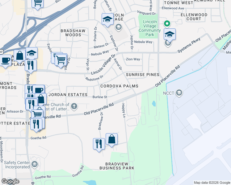 map of restaurants, bars, coffee shops, grocery stores, and more near 9921 Burline St in Sacramento