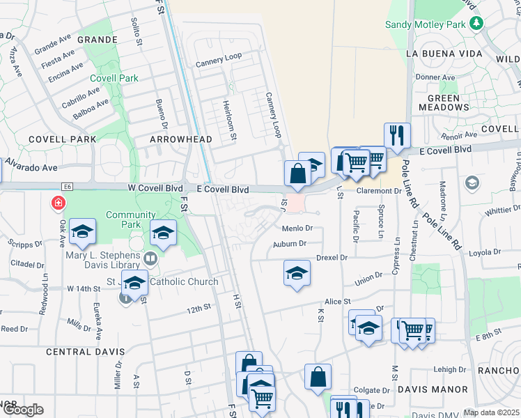 map of restaurants, bars, coffee shops, grocery stores, and more near 936 Cranbrook Court in Davis