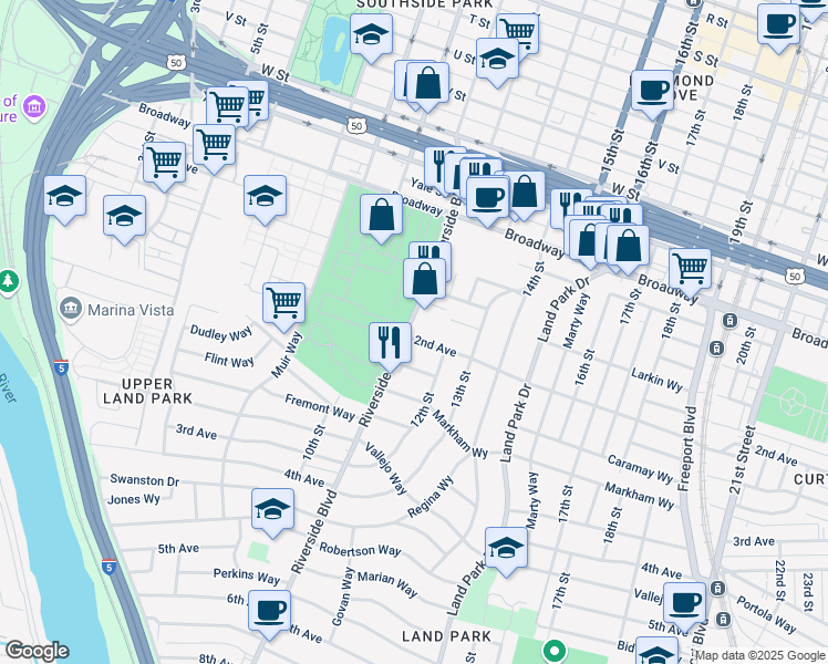 map of restaurants, bars, coffee shops, grocery stores, and more near 1115 Castro Way in Sacramento