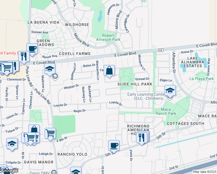 map of restaurants, bars, coffee shops, grocery stores, and more near 2757 Belmont Drive in Davis