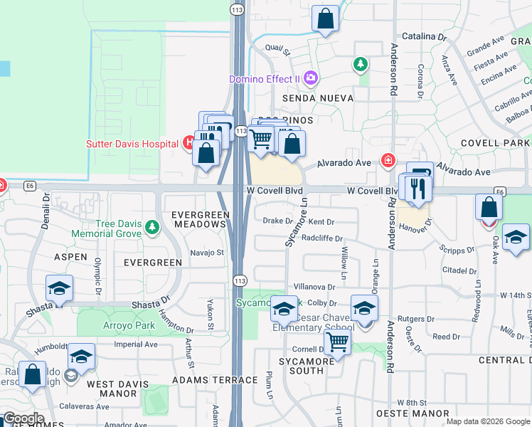 map of restaurants, bars, coffee shops, grocery stores, and more near in Davis