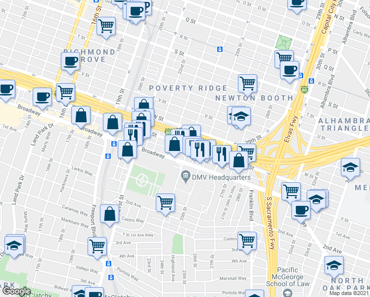 map of restaurants, bars, coffee shops, grocery stores, and more near in Sacramento