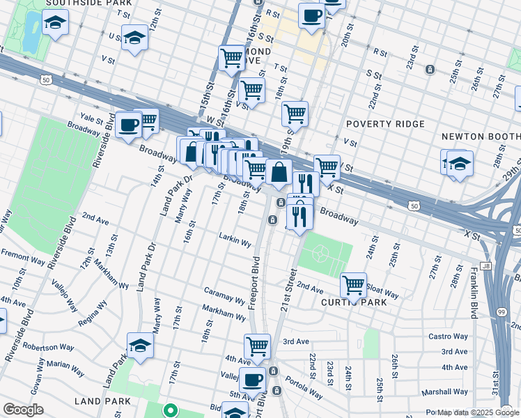 map of restaurants, bars, coffee shops, grocery stores, and more near 1825 Beverly Way in Sacramento