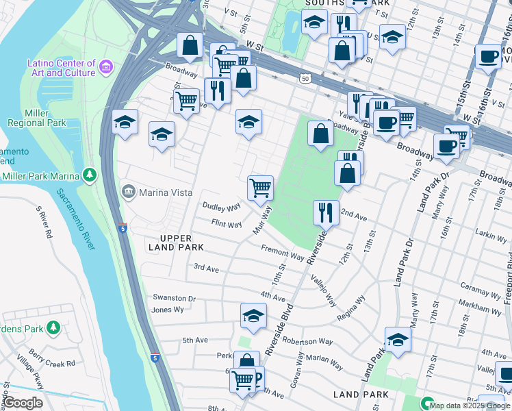 map of restaurants, bars, coffee shops, grocery stores, and more near 732 Flint Way in Sacramento