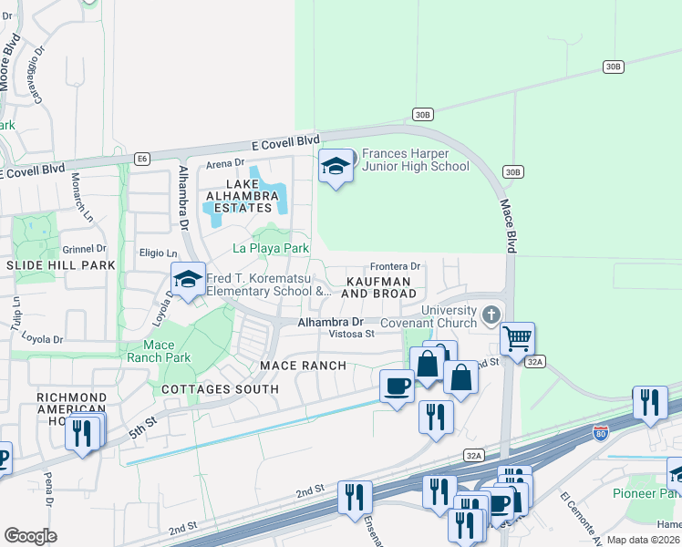 map of restaurants, bars, coffee shops, grocery stores, and more near 1392 Via Colonna Terrace in Davis